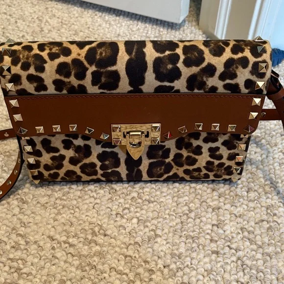 Valentino Garavani Leopard and Brown Studded Crossbody Bag - Picture 1 of 5